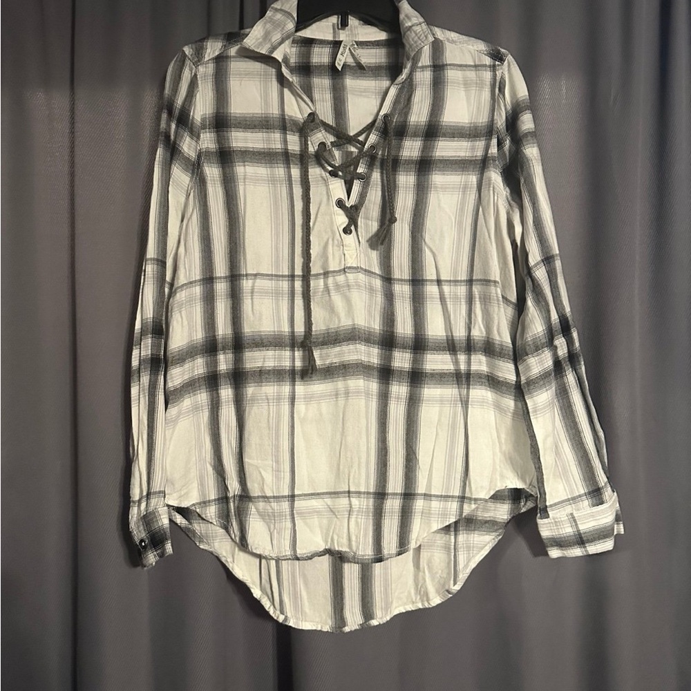Plaid Lace-Up Women's Top - Black and White